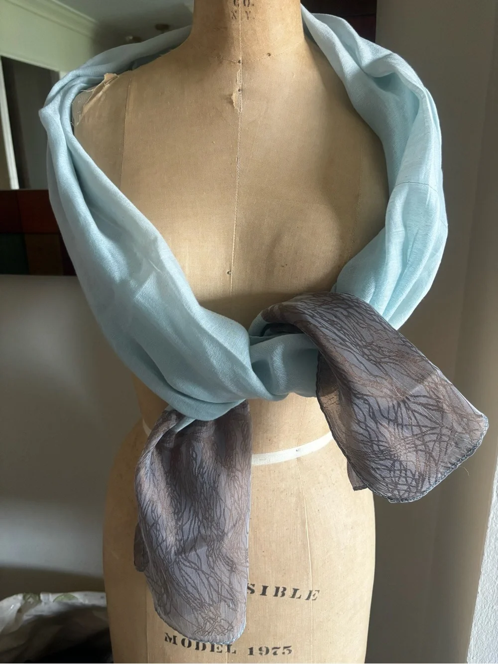 Light Blue and Taupe Raw Silk Scarf, Hand Loom, slightly imperfect